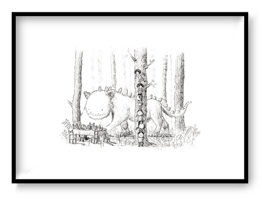 Black and white art print showing children hiding behind a tree while a friendly monster walks through a forest, illustrated by Willy Leung.