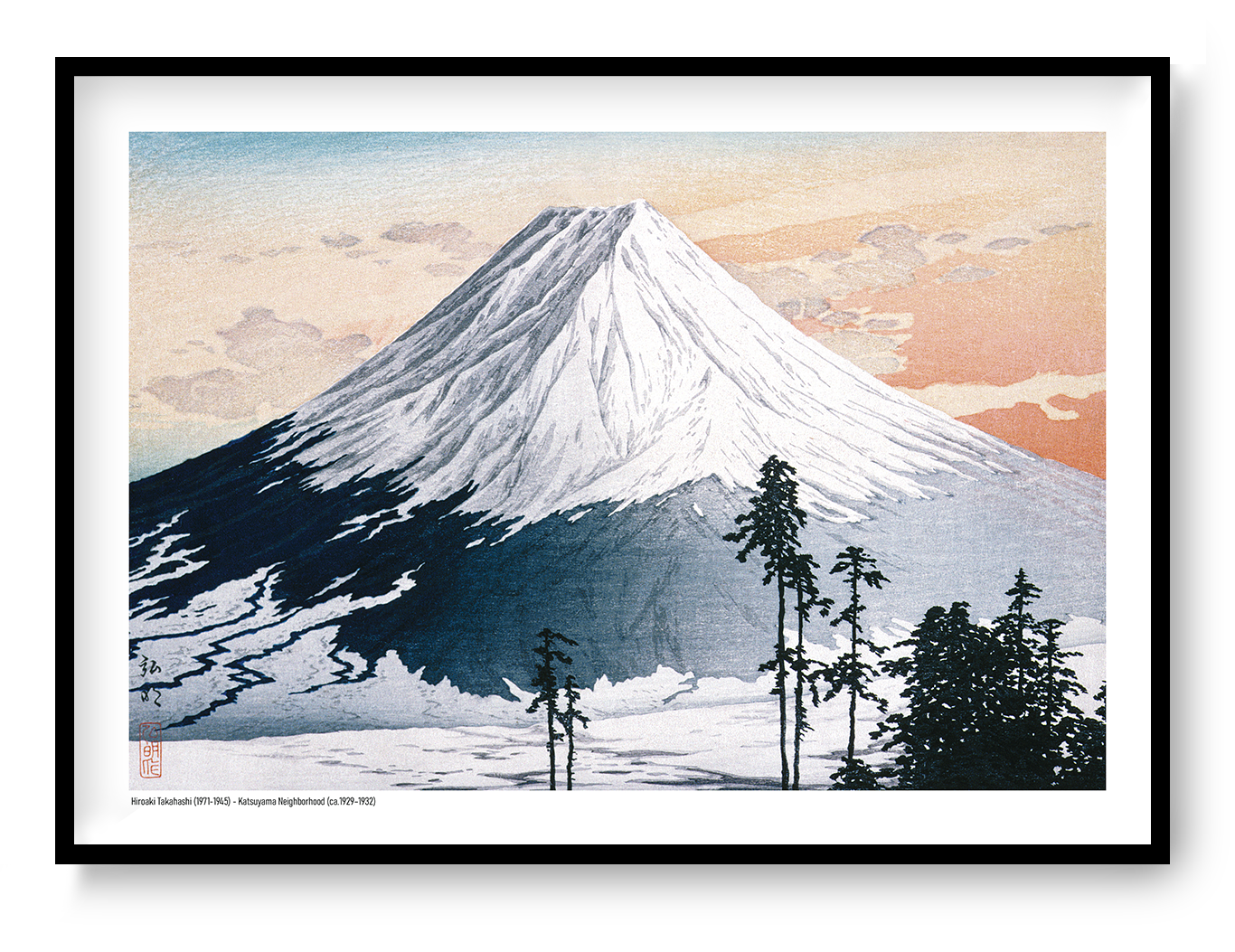 Landscape A4 art print of snow-covered Mount Fuji beneath a peach and blue sky, with dark pine trees in the foreground, based on a Japanese colour woodblock by Hiroaki Takahashi; horizontal wall art for calm interiors.