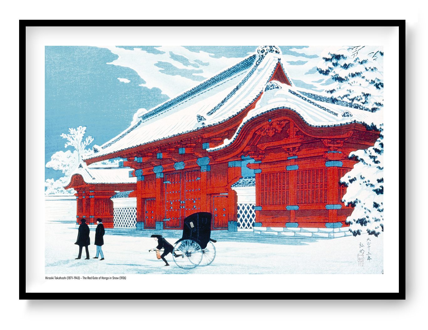 Horizontal Japanese winter scene showing a vivid red gate in Hongo covered with snow, a rickshaw and pedestrians, rendered in blue, white and red as decorative wall art.