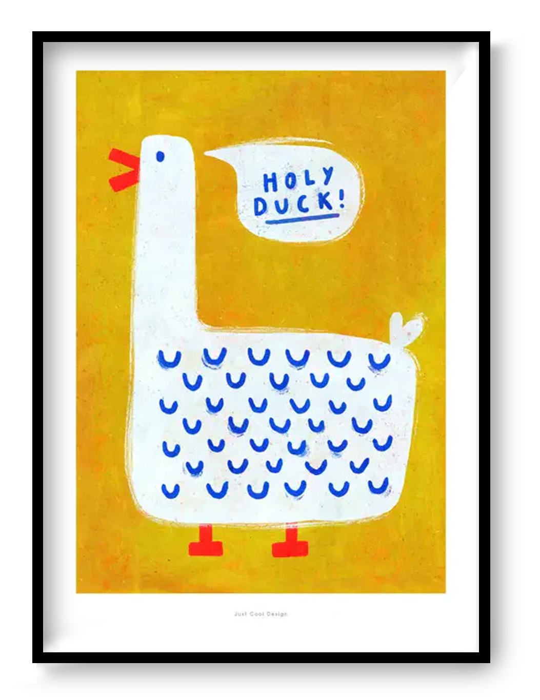 Bold yellow art print with a white duck saying “Holy Duck!”, playful modern illustration by Just Cool Design.