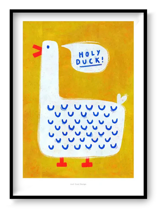 Bold yellow art print with a white duck saying “Holy Duck!”, playful modern illustration by Just Cool Design.