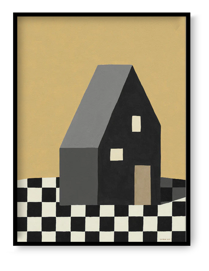 Minimalist architectural art print of a black house on a checkered floor, modern geometric illustration by MPGMB, contemporary wall art for Scandinavian and modern interiors.