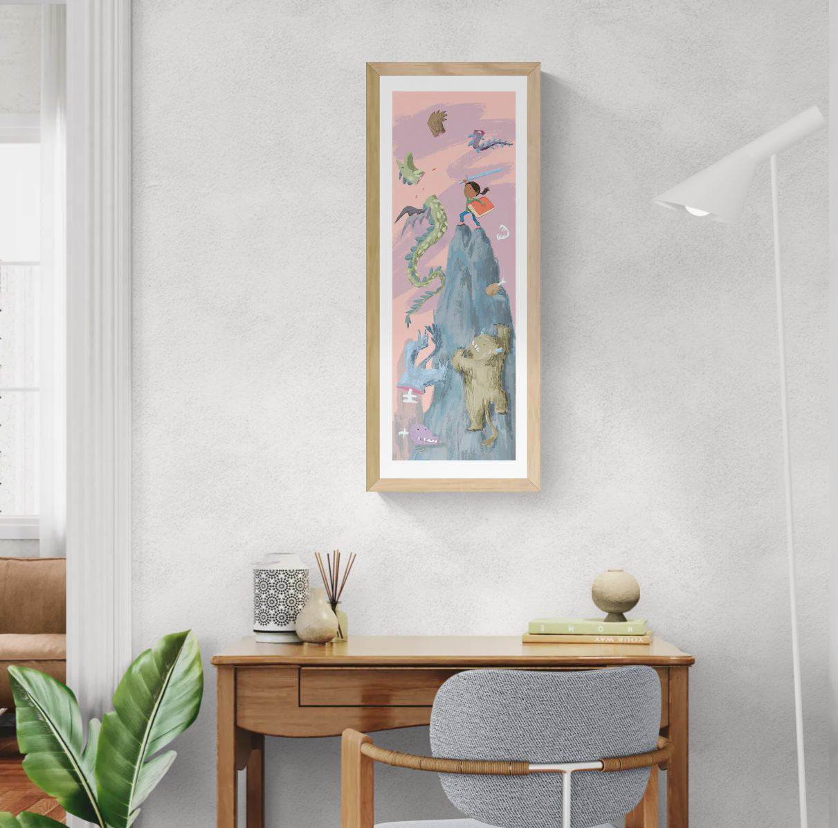 Fantasy giclée art print by Willy Leung in vertical format showing a whimsical fantasy scene with creatures and a child hero, printed on fine art paper.