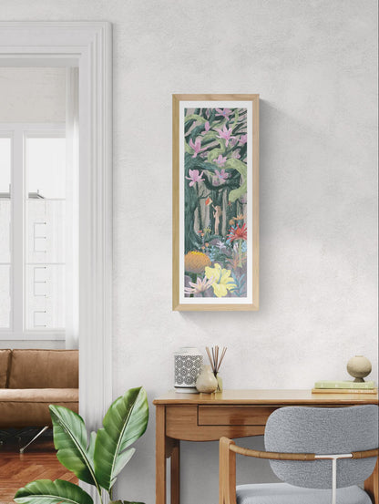 Religion giclée art print by Willy Leung in vertical format showing a symbolic forest scene with flowers, a snake, and a human figure, printed on fine art paper.