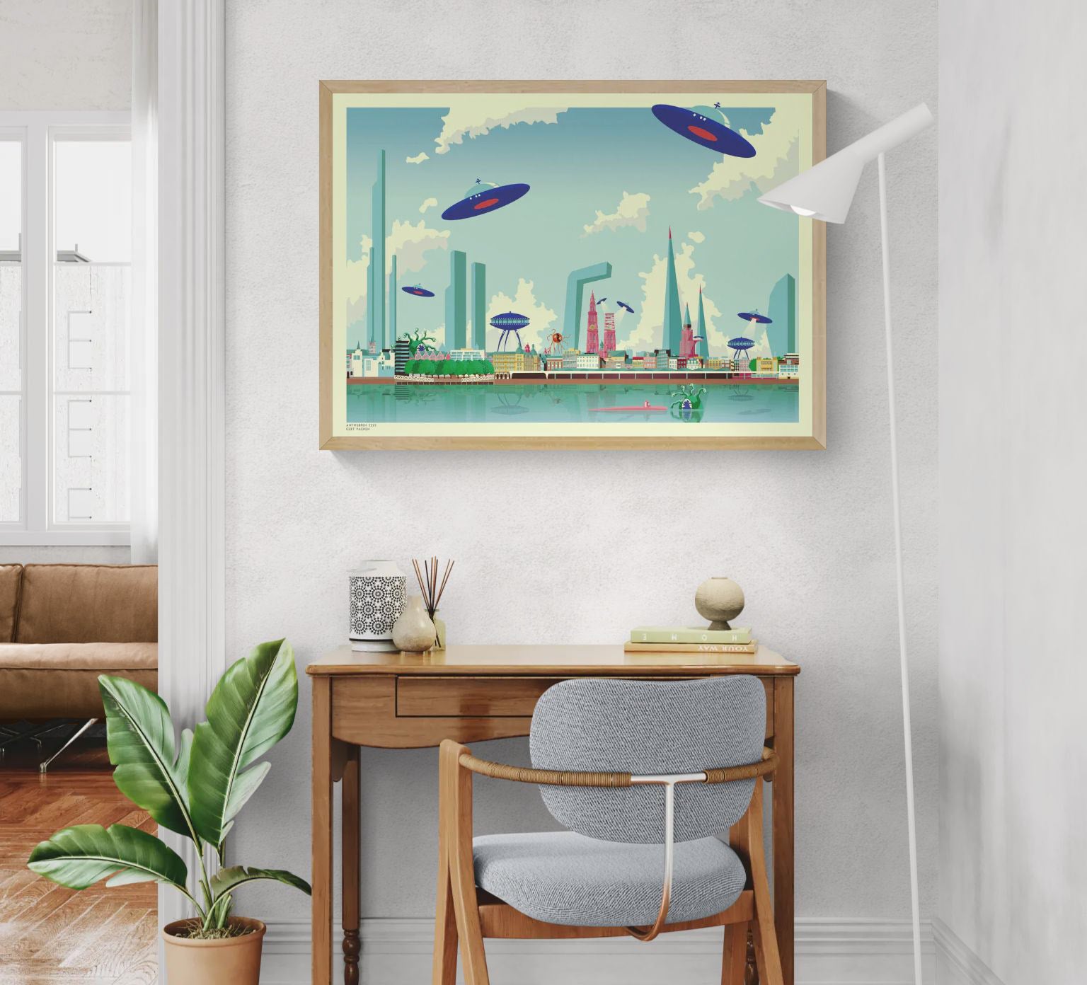 Futuristic illustration of Antwerp 2225 by Belgian artist Gert Paenen (Studio Frits), showing a colorful sci-fi city skyline with UFOs, sea monsters, and futuristic skyscrapers reflected in the Scheldt River – digital art print 50x70 cm available at Galerie Frits.