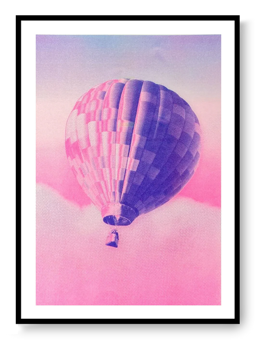 Hot air balloon risograph print by PTRVRKD in A3 size, minimalist wall art with pink and blue tones, contemporary risograph illustration from Galerie Frits