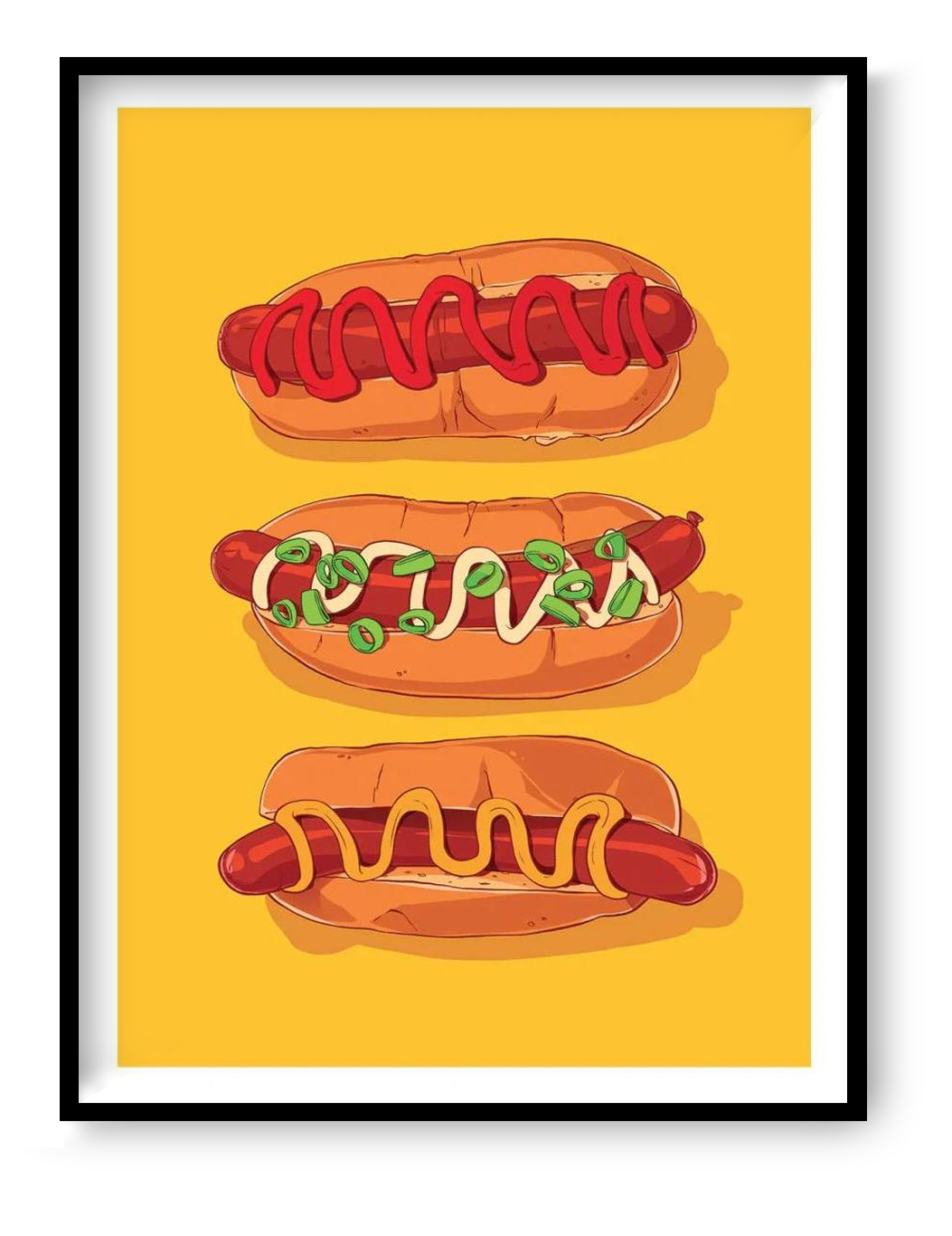 Pop art food illustration of three hotdogs on a yellow background, modern kitchen wall art by Barrie Jones, bold graphic food print.