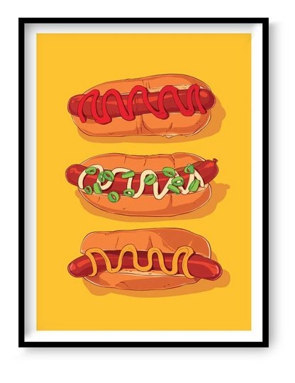Pop art food illustration of three hotdogs on a yellow background, modern kitchen wall art by Barrie Jones, bold graphic food print.