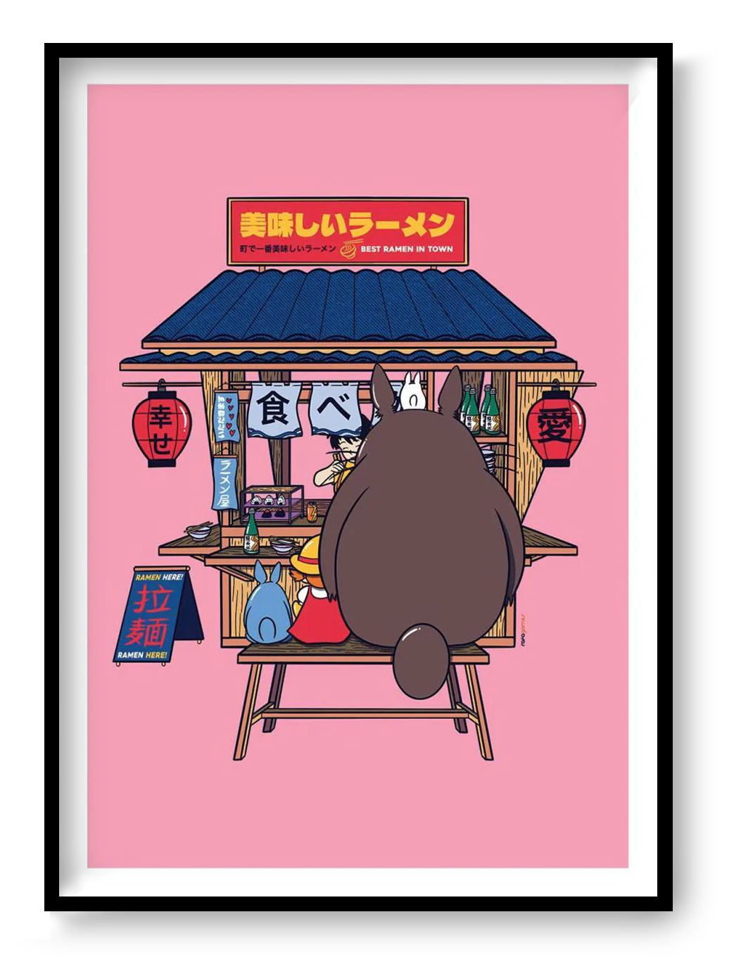Anime-inspired illustration of a Totoro character eating ramen at a Japanese street food stand, colorful pop culture wall art by Rafa Gomes.