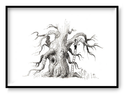 Black and white illustration of a wounded tree being cared for by a child, emotional art print by Willy Leung.