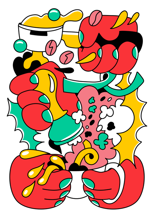 Vibrant risograph illustration “Stamp Stamp” by Auwnanas, featuring bold red, yellow, green, and pink abstract shapes with dynamic movement and playful cartoon energy. Limited edition A3 art print perfect for modern interiors, design lovers, and collectors of colourful contemporary wall art.