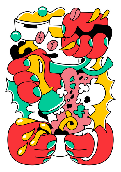 Vibrant risograph illustration “Stamp Stamp” by Auwnanas, featuring bold red, yellow, green, and pink abstract shapes with dynamic movement and playful cartoon energy. Limited edition A3 art print perfect for modern interiors, design lovers, and collectors of colourful contemporary wall art.