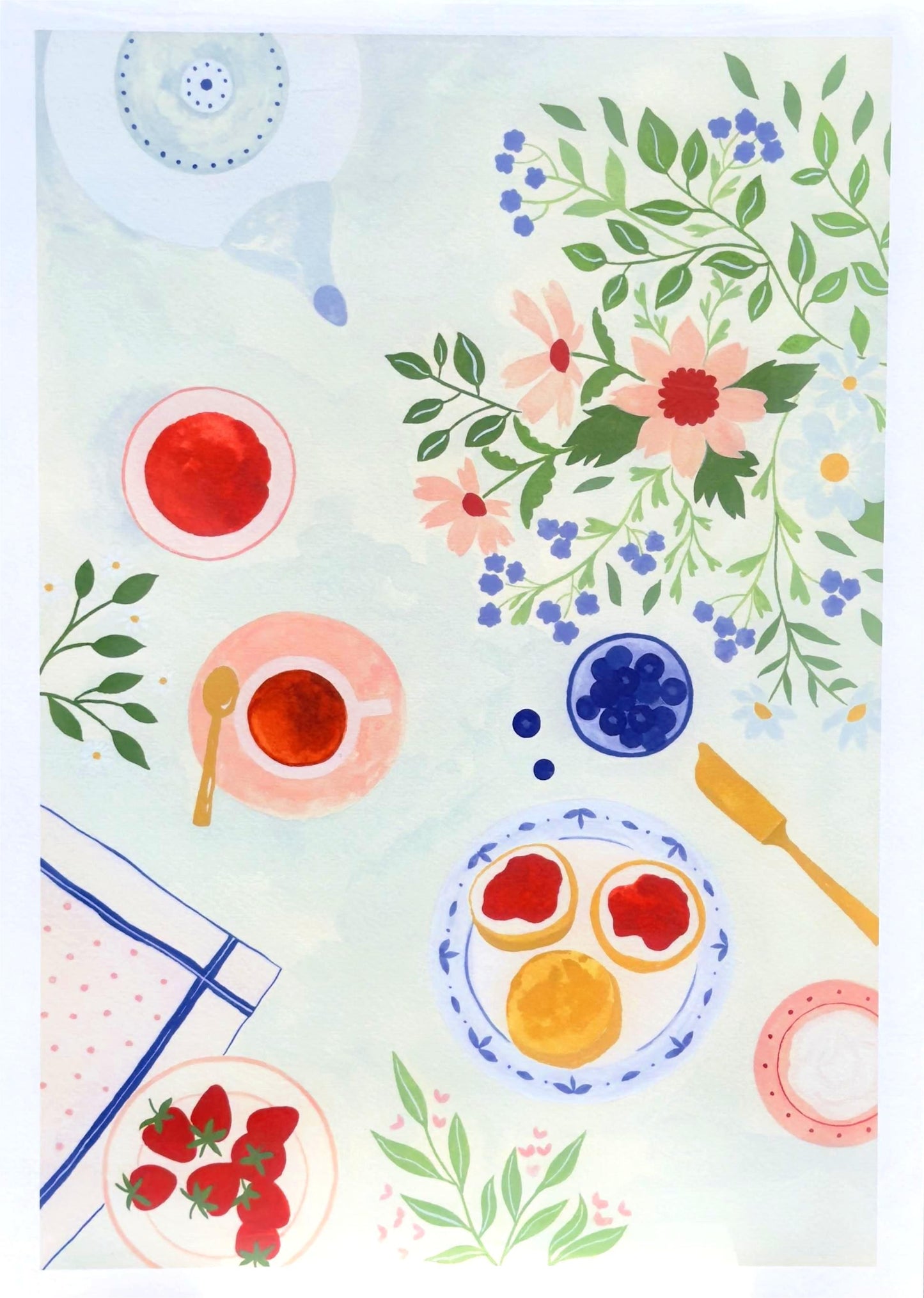 A3 digital illustration print titled "Tea Time" by Leens, featuring a top-down flat-lay of a breakfast scene with tea cups, scones with jam, blueberries, strawberries, a yellow knife, and soft pink and blue floral accents on a pastel background. Perfect for decorating kitchens or dining spaces with a cozy and fresh vibe.