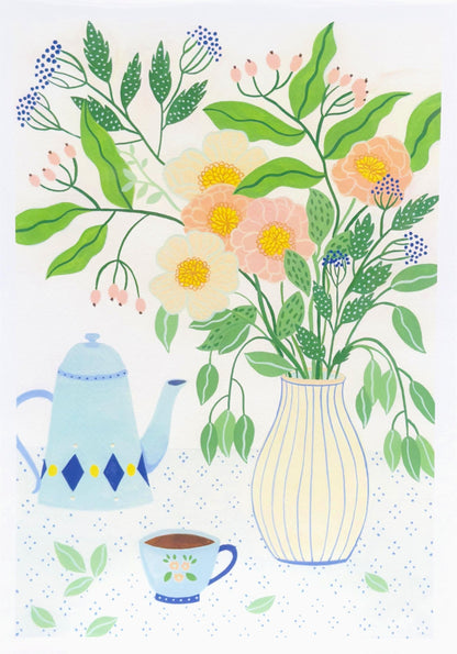 A3 art print "Afternoon Tea" by Leens featuring a pastel floral bouquet in a striped vase, vintage teapot, teacup, and dotted tablecloth. Perfect artwork for kitchens, tea lovers, or serene home corners.
