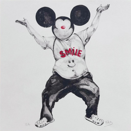 "Smile" square art print by Belgian illustrator FAB – surreal black-and-white drawing of a person with cartoon ears, Crocs, and a 'SMILE' T-shirt, printed on premium paper, celebrating absurdity and joy.