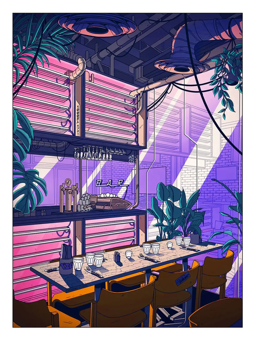 Indus Coffee art print by Paiheme Studio, retro-futuristic café interior illustration with neon pink lights, industrial pipes, and coffee bar scene, available in 30x40 cm and 50x70 cm, digital print on Inapa Tradition Blanc Naturel 250g or Classic Mat 230g paper, unframed, made in France.