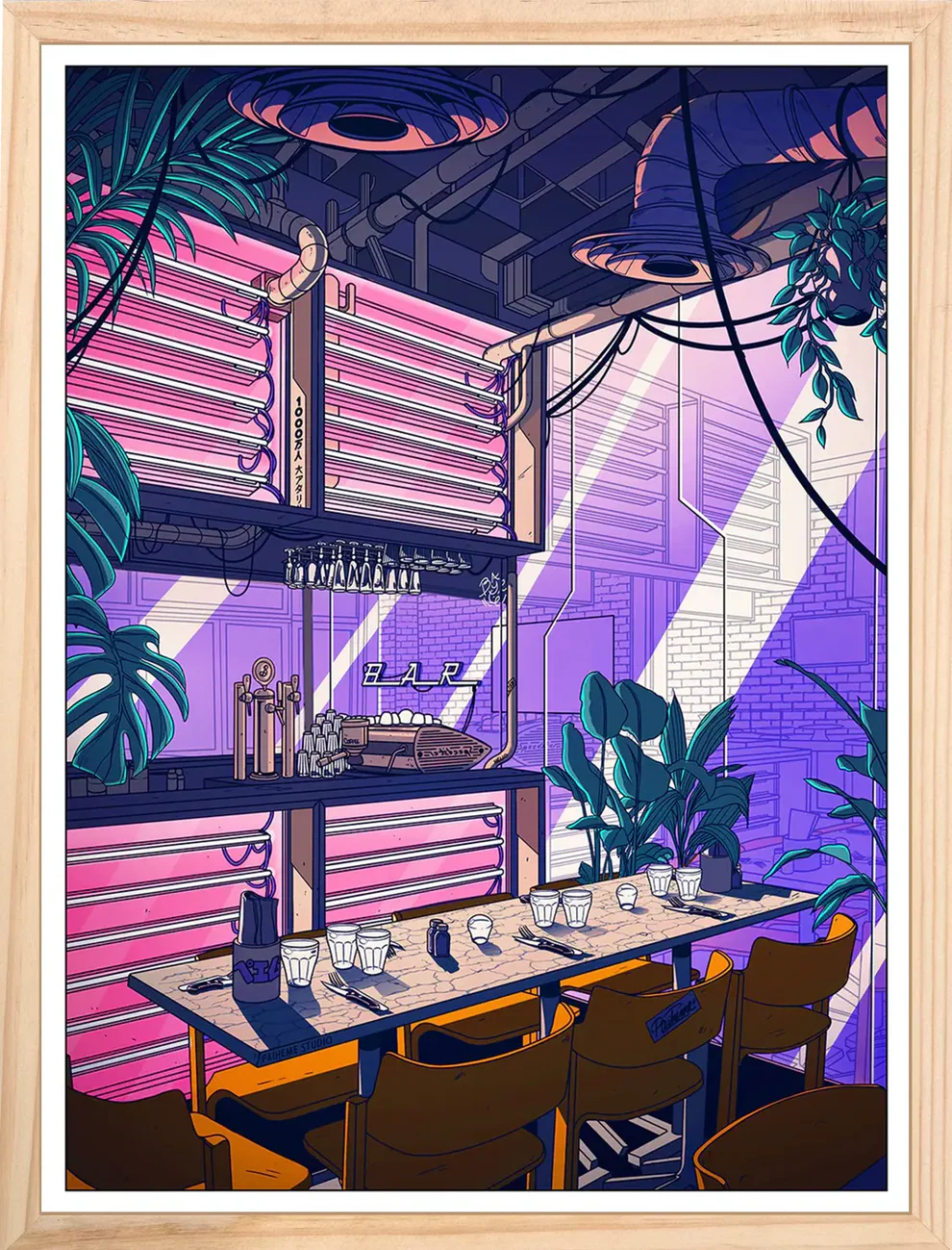 Indus Coffee art print by Paiheme Studio, retro-futuristic café interior illustration with neon pink lights, industrial pipes, and coffee bar scene, available in 30x40 cm and 50x70 cm, digital print on Inapa Tradition Blanc Naturel 250g or Classic Mat 230g paper, unframed, made in France.