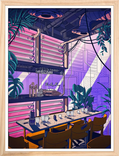 Indus Coffee art print by Paiheme Studio, retro-futuristic café interior illustration with neon pink lights, industrial pipes, and coffee bar scene, available in 30x40 cm and 50x70 cm, digital print on Inapa Tradition Blanc Naturel 250g or Classic Mat 230g paper, unframed, made in France.