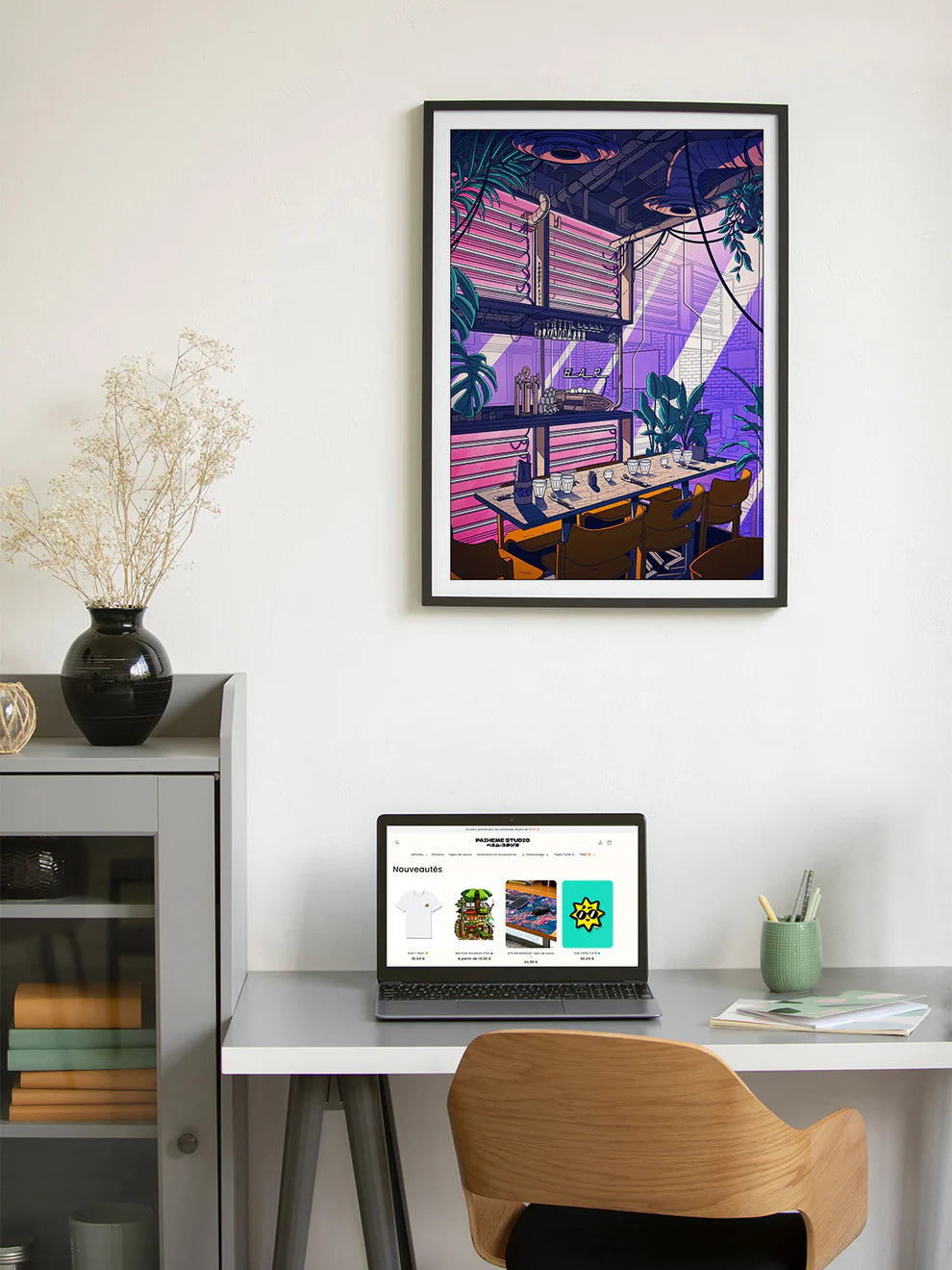 Indus Coffee art print by Paiheme Studio, retro-futuristic café interior illustration with neon pink lights, industrial pipes, and coffee bar scene, available in 30x40 cm and 50x70 cm, digital print on Inapa Tradition Blanc Naturel 250g or Classic Mat 230g paper, unframed, made in France.