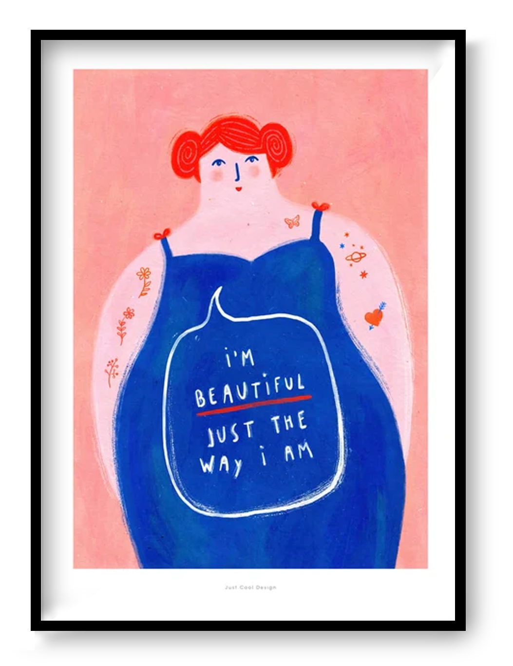 Colorful feminist illustration of a confident woman with red hair and a blue dress, featuring the message “I’m beautiful just the way I am”, body positivity art print by Just Cool Design.