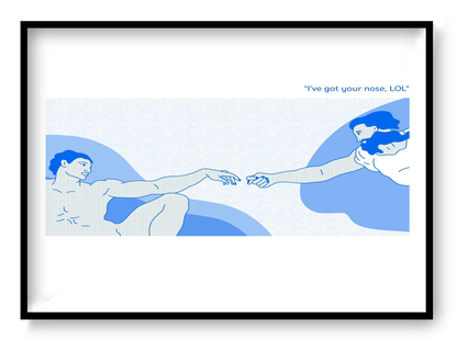 Humorous risograph art print reinterpreting Michelangelo’s Creation of Adam with a playful “I’ve got your nose” gesture, minimalist blue illustration by Studio Stoutpoep.