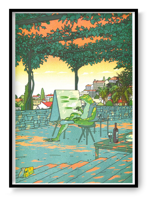 A3 risograph art print by Liam Cobb showing a surreal green frog painting outdoors under trees with a wine bottle and glass on a table, calm poetic contemporary wall art.