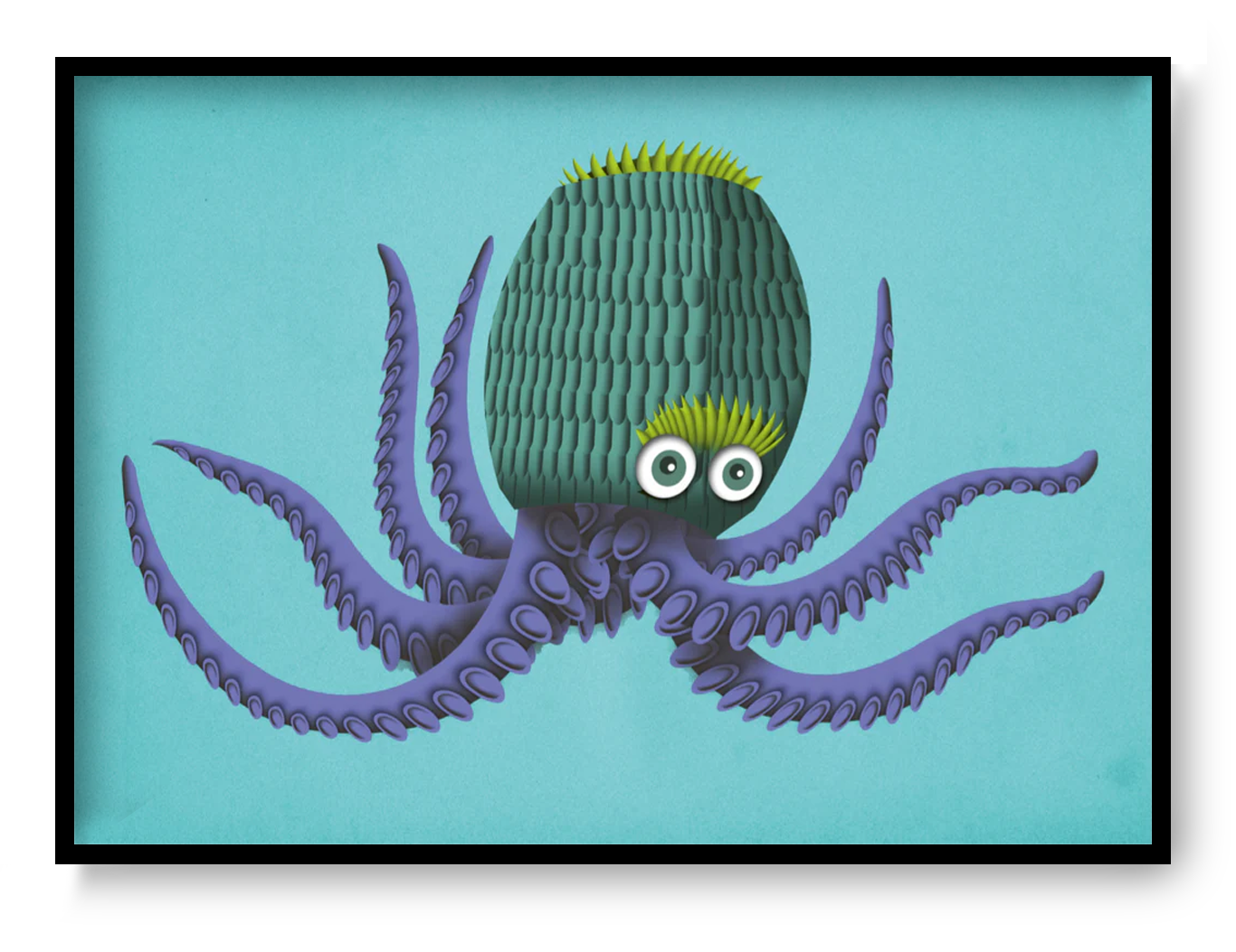 A4 art print of a playful purple octopus with big eyes by Belgian illustrator Gert Paenen, colorful marine illustration for kids room or modern interior.