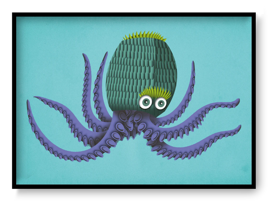 A4 art print of a playful purple octopus with big eyes by Belgian illustrator Gert Paenen, colorful marine illustration for kids room or modern interior.