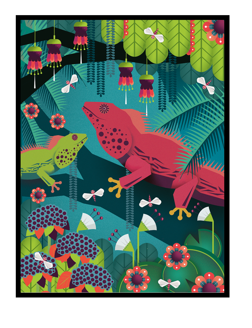 Colorful tropical art print with illustrated iguanas and jungle plants by Belgian illustrator Gert Paenen, bold nature wall art in 30x40 cm format.