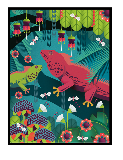 Colorful tropical art print with illustrated iguanas and jungle plants by Belgian illustrator Gert Paenen, bold nature wall art in 30x40 cm format.