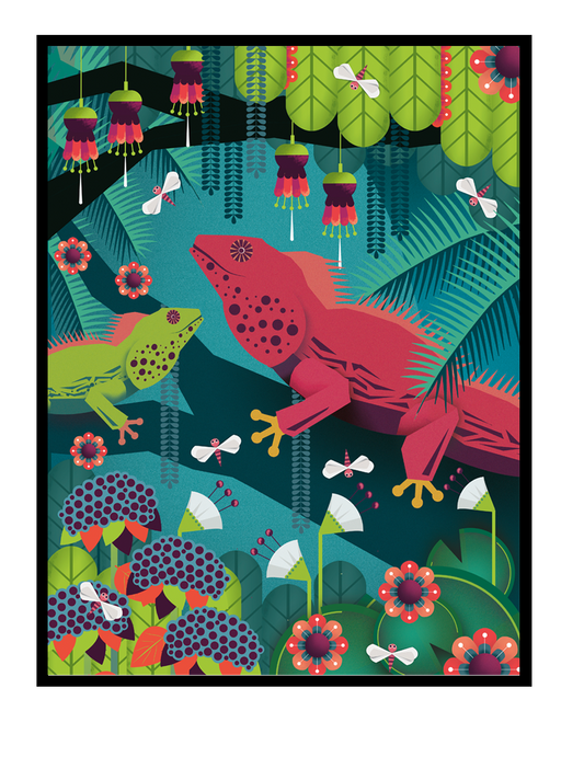 Colorful tropical art print with illustrated iguanas and jungle plants by Belgian illustrator Gert Paenen, bold nature wall art in 30x40 cm format.