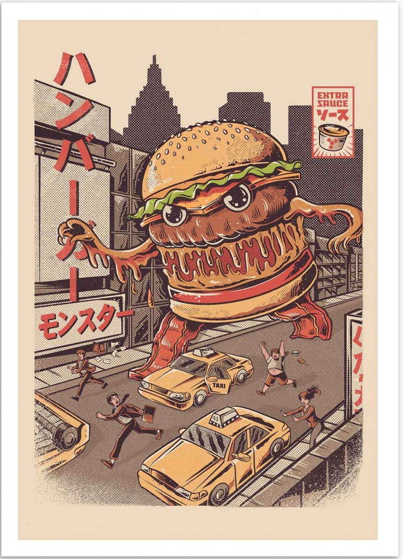 Burgerzilla by Illustrata – 30x40 cm retro pop art print featuring a giant anthropomorphic hamburger Kaiju monster rampaging through a city with taxis and fleeing people. Vintage Japanese poster style, warm retro color palette, FSC-certified eco paper, printed in France, unframed wall art for fans of comics, cult cinema, and quirky illustrations.