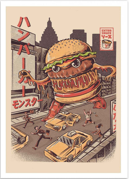 Burgerzilla by Illustrata – 30x40 cm retro pop art print featuring a giant anthropomorphic hamburger Kaiju monster rampaging through a city with taxis and fleeing people. Vintage Japanese poster style, warm retro color palette, FSC-certified eco paper, printed in France, unframed wall art for fans of comics, cult cinema, and quirky illustrations.