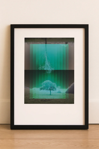 Nordic-inspired art print Träd by Studio Frits – a minimalist digital artwork by Belgian illustrator Gert Paenen featuring mirrored trees in green gradients, symbolizing nature, reflection, and Scandinavian calm. Perfect wall art for modern, nature-inspired homes in Belgium, the Netherlands, France, and Germany.
