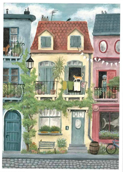 Illustration of charming European townhouses with balconies, plants, cats, and neighbors by Belgian artist Stien van Kerckhoven. Whimsical giclée art print capturing cozy urban life, perfect wall art for home decor lovers in Belgium, the Netherlands, France, and Germany.