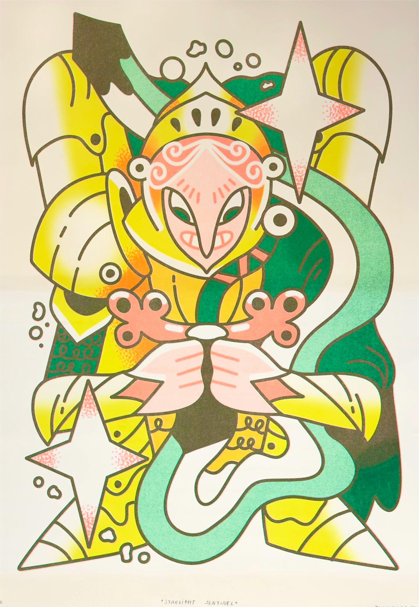 Starlight Sentinel risograph print by Belgian artist Auwnanas, featuring a vibrant, cartoon-like warrior figure with bold thick lines, bright yellow, pink and green tones, dynamic star shapes and playful abstract details. Modern A3 artwork with joyful, energetic style, perfect for colourful home décor.