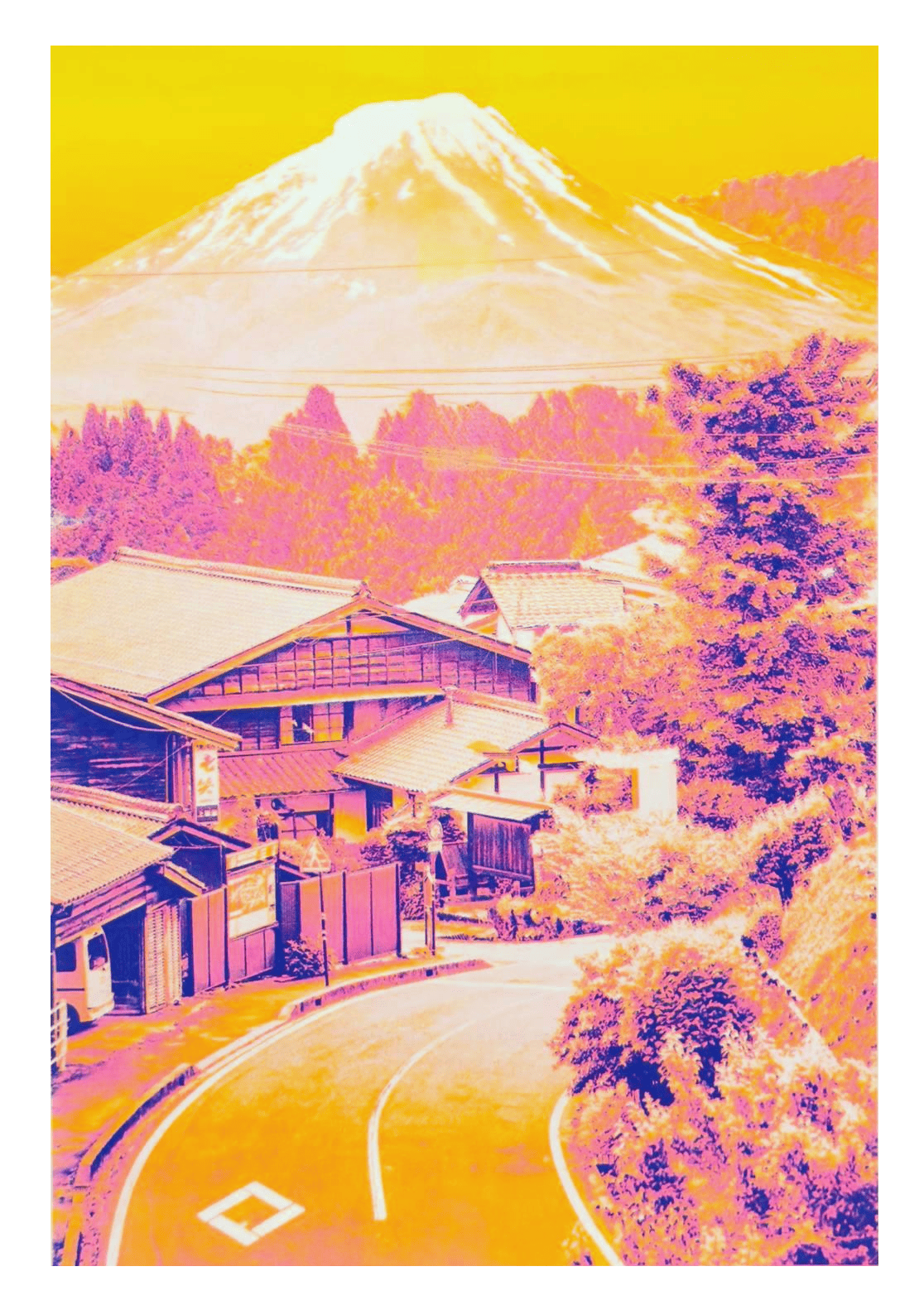 Japanese collage risograph print by PTRVRKD featuring a vibrant Fuji landscape in neon yellow and pink tones; A3 limited-edition artwork on Munken Pure Rough paper; modern Japan-inspired wall art for home decor, design lovers, and contemporary art collectors.