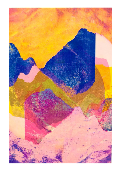 Colourful risograph mountain landscape art print by PTRVRKD, featuring layered abstract shapes in pink, yellow and blue tones; modern vibrant illustration ideal for contemporary home décor and online art buyers in Belgium, Netherlands, France and Germany