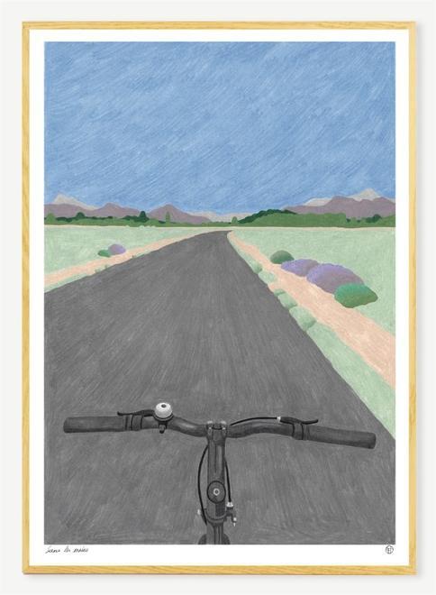 A3 limited edition risograph print titled “Sans les mains” by Belgian illustrator Téo Transinne, showing a calm road seen from a bicycle perspective, printed in three soft colours on Munken Print White paper, numbered and signed contemporary illustration.