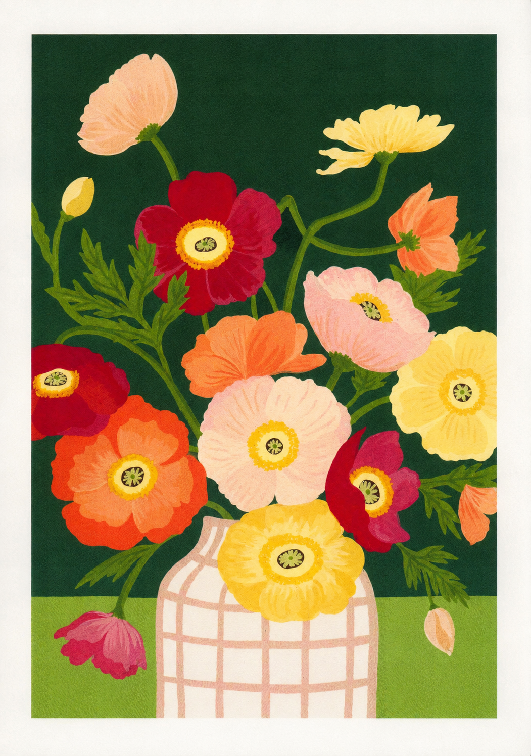 Colorful floral art print “Poppies” by Leens featuring vibrant red, pink, yellow, and orange poppy flowers in a patterned vase against a dark green background. Contemporary botanical wall art print for modern interiors.