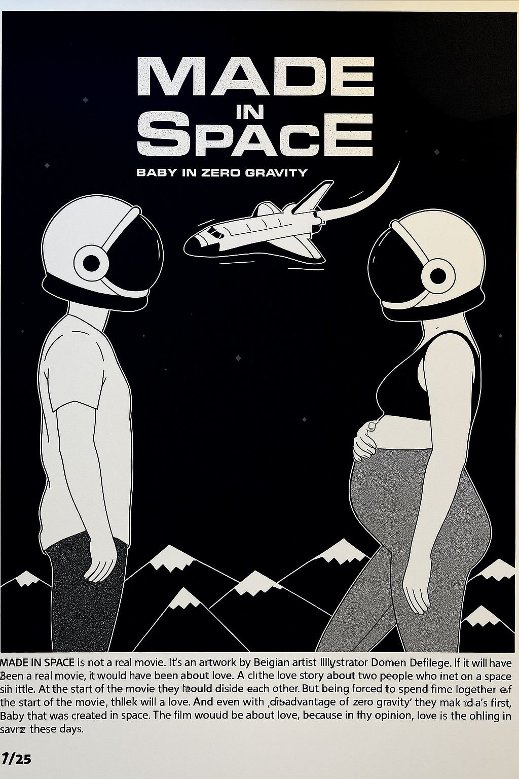 Illustration titled "Made in Space" by Studio Stoutpoep showing a pregnant woman and a man in astronaut helmets facing each other under a space shuttle, with a dark sky and mountain background – 50 x 70 cm screenprint artwork printed in Belgium.