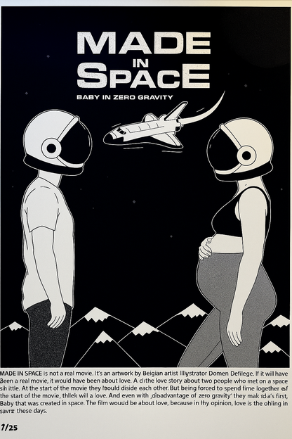 Illustration titled "Made in Space" by Studio Stoutpoep showing a pregnant woman and a man in astronaut helmets facing each other under a space shuttle, with a dark sky and mountain background – 50 x 70 cm screenprint artwork printed in Belgium.