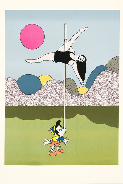 Risograph print titled Pole Position by Studio Stoutpoep, showing a pole dancer above a cartoon character in a surreal, humorous scene. A3 format, erotic pop art style, printed in Belgium on eco-friendly paper.