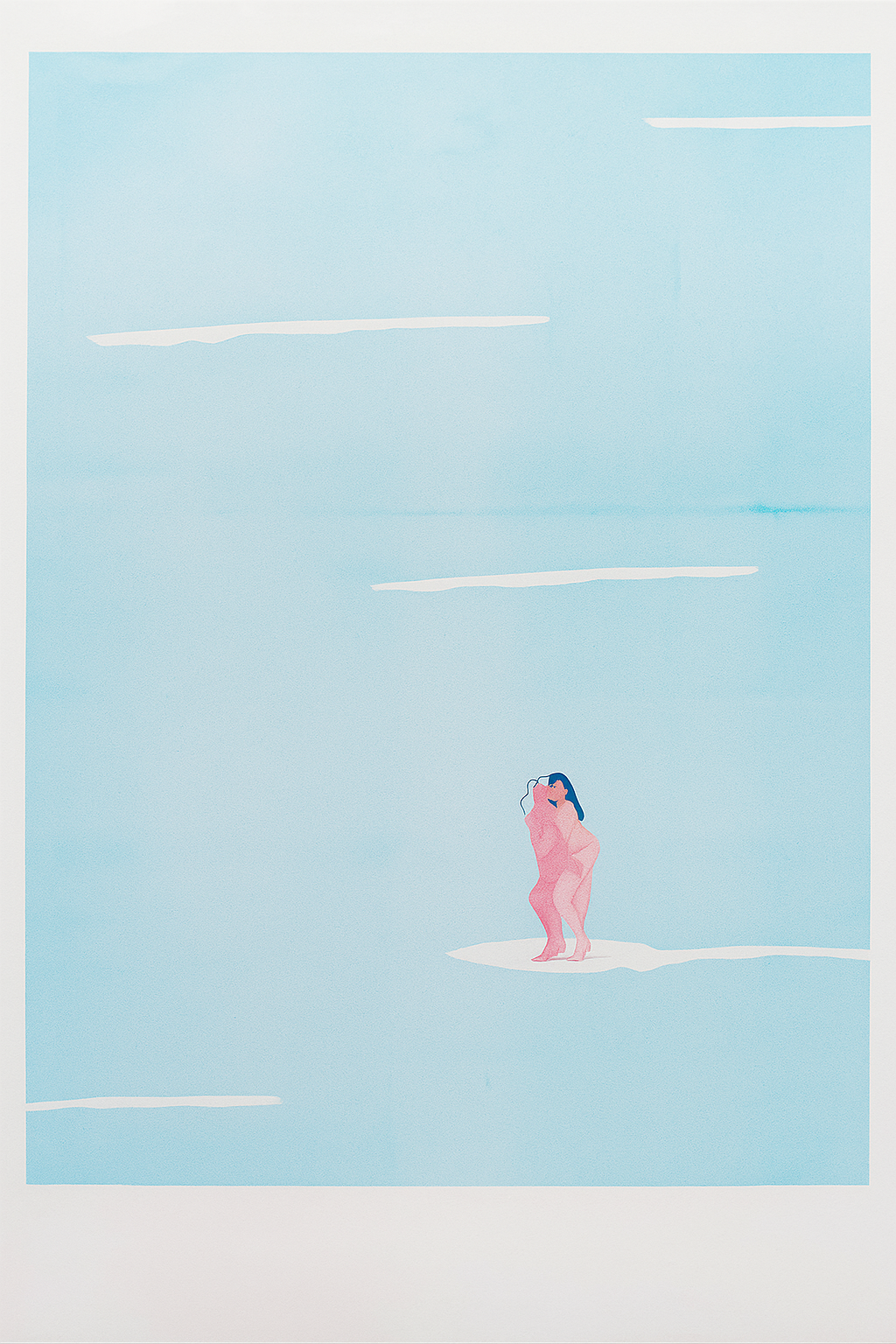 Minimalist illustration of two nude women surfing on a soft pastel sea by Studio Stoutpoep – contemporary Belgian art print in A3 size, featuring surreal humor and intimacy.