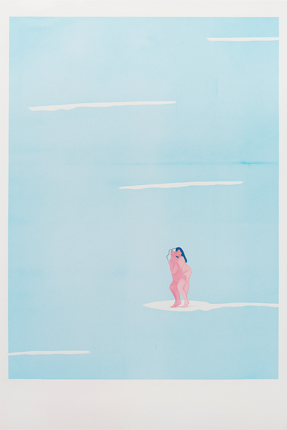 Minimalist illustration of two nude women surfing on a soft pastel sea by Studio Stoutpoep – contemporary Belgian art print in A3 size, featuring surreal humor and intimacy.