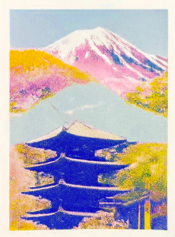 Colorful risograph art print of a Japanese landscape by PTRVRKD featuring Mount Fuji in soft pink and purple tones, a blue traditional pagoda, and vibrant yellow-orange trees. Modern Japanese collage illustration, handprinted with soy inks on high-quality Biotop paper. Perfect for Japan lovers and contemporary design enthusiasts.