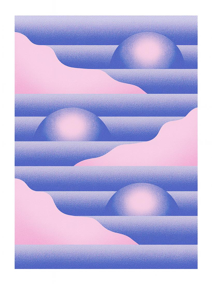 Pink and blue geometric risograph print by Dutch illustrator PTRVRKD – abstract landscape with stylized hills, layered waves, and gradient suns, printed with eco-friendly soy inks on 250 gsm Biotop paper, handmade in the Netherlands – pastel modern wall art for design enthusiasts.