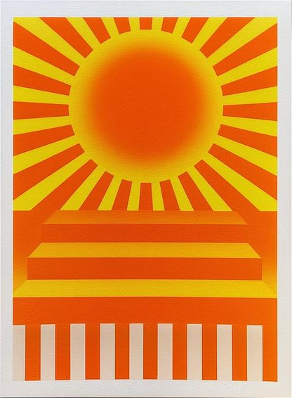Yellow and red geometric risograph print by Dutch illustrator PTRVRKD – bold sunburst design with radiating rays, abstract stairs, and striped base, printed with eco-friendly soy inks on 250 gsm Biotop paper, handmade in the Netherlands – modern, colorful wall art full of energy.