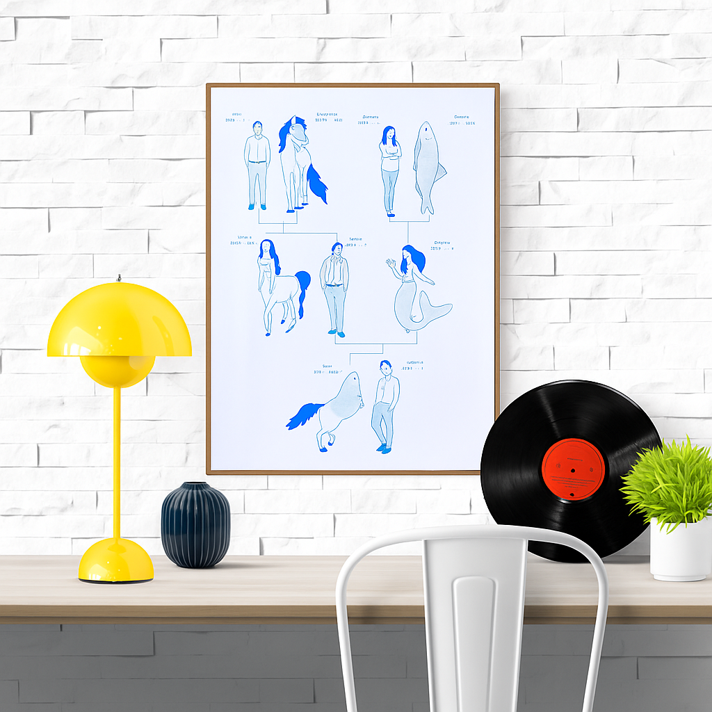 Surreal A2 risograph art print titled "Family Tree" by Studio Stoutpoep, featuring a funny illustrated family tree with centaurs, mermaids, and half-human characters. Blue and white drawing printed in Belgium with soy ink.