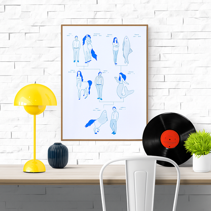 Surreal A2 risograph art print titled "Family Tree" by Studio Stoutpoep, featuring a funny illustrated family tree with centaurs, mermaids, and half-human characters. Blue and white drawing printed in Belgium with soy ink.